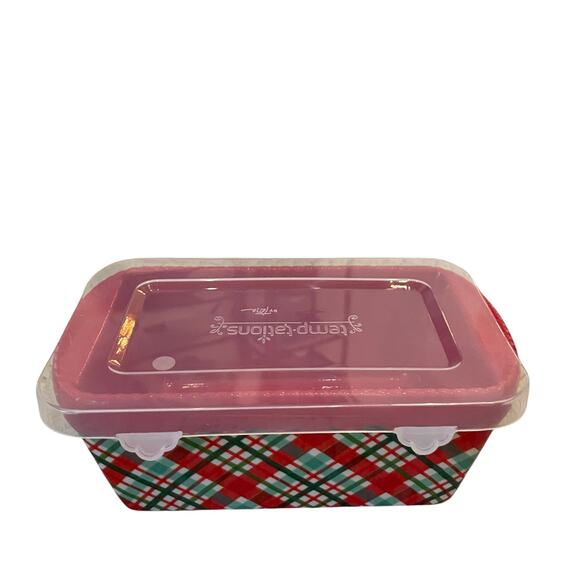 Temptations by Tara Mini Ceramic Loaf Pan w/ Lid 12oz Holiday Plaid Red Green - Picture 2 of 13